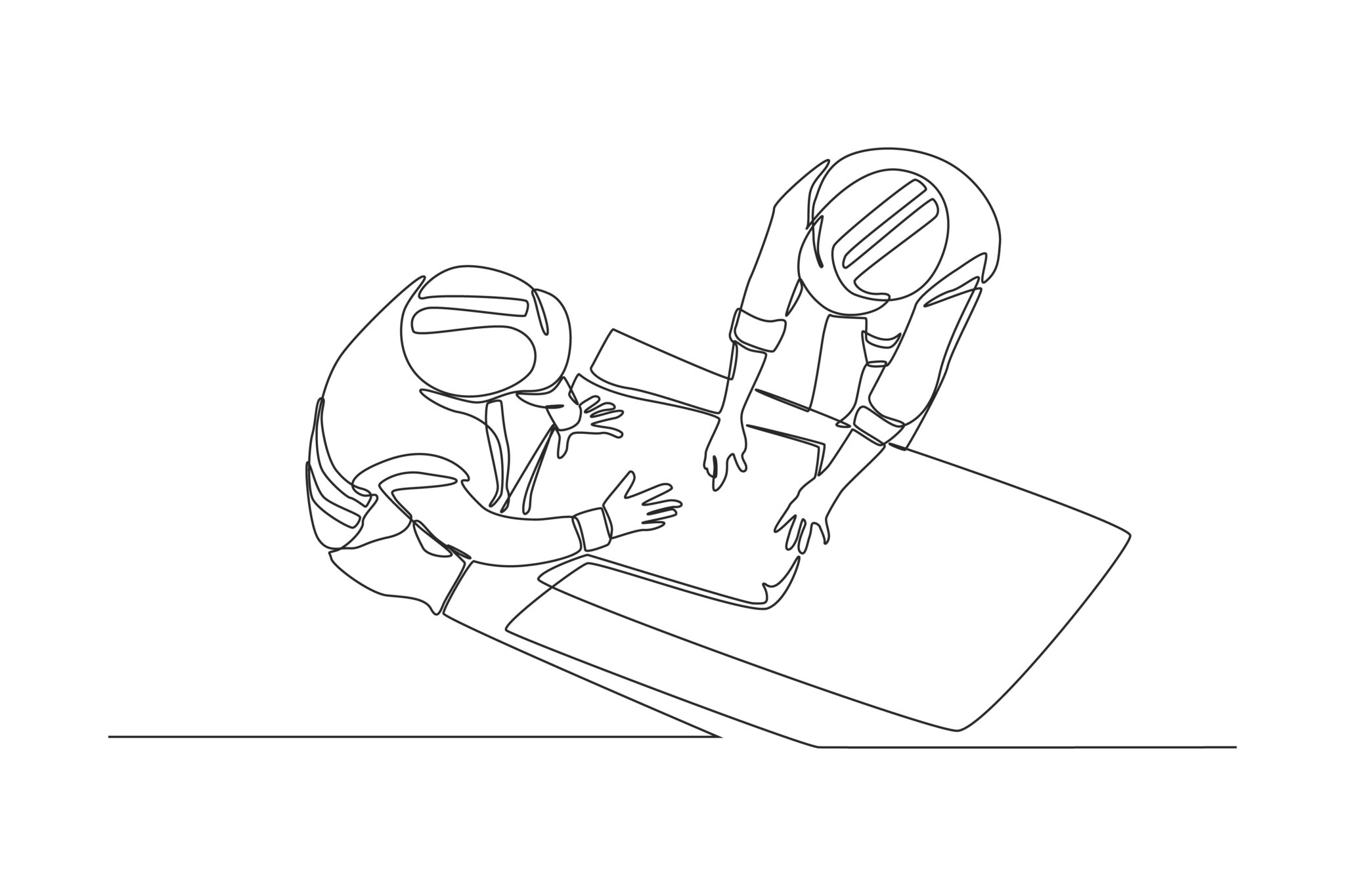 Continuous one line drawing. Team of  engineer and architects meeting and discussing layout of building blueprints at office. Road and building construction concept. Vector illustration.