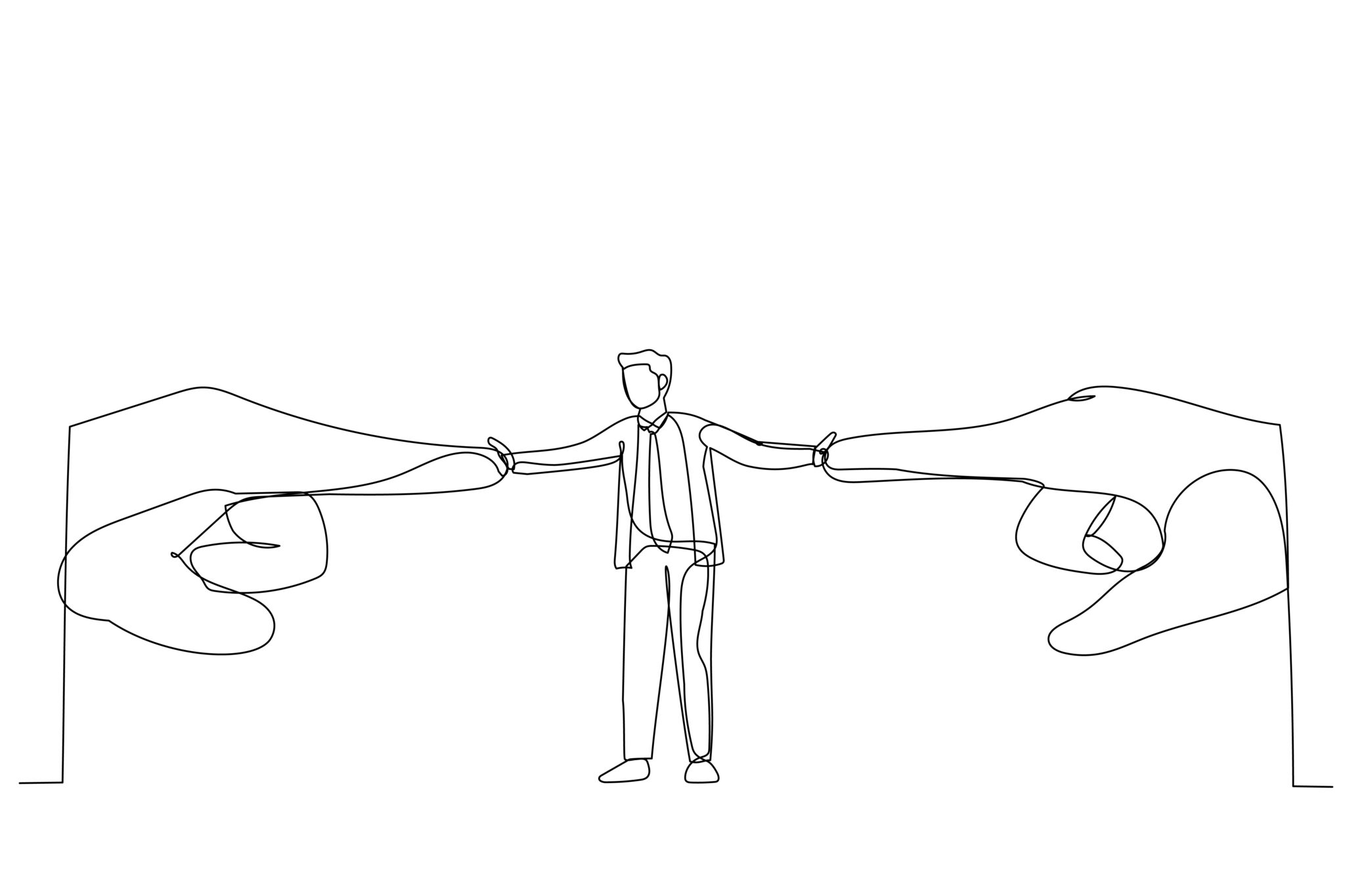 Drawing of businessman resisting pressure from two pointing giant hand. Single line art style