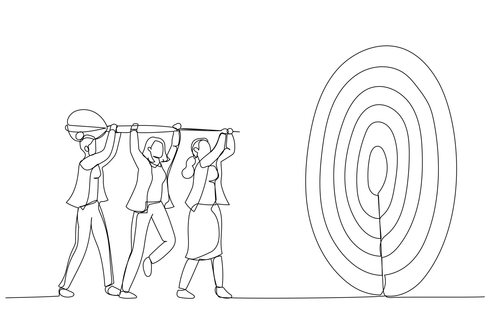 Illustration of businesswoman help holding dart aiming on bullseye target. Metaphor for team goal, teamwork collaboration. Single line art style